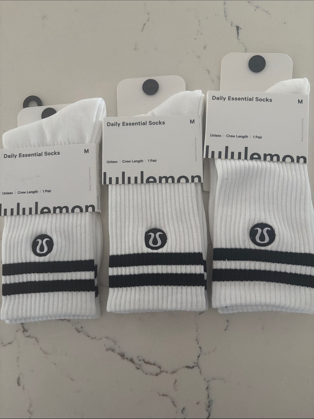 lululemon Daily Essentials Crew Socks White (3-Pack) Unisex Medium NWT